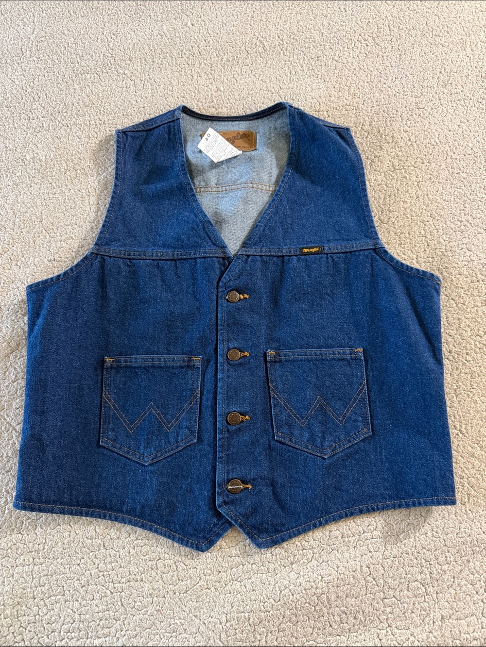 Wrangler Vintage Western Blue Denim Work Vest with Front Patch Pockets Large